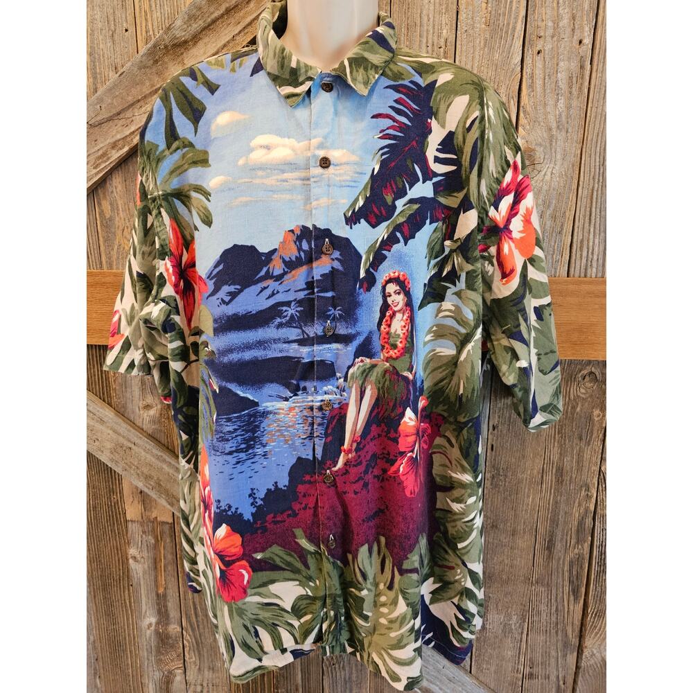 Vintage 80s 90s Nautica Linen Blend XL HAWAIIAN HULA GIRL EUC Summer button up
